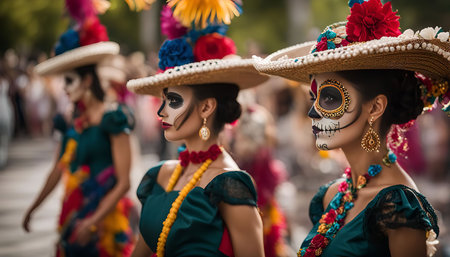 Women in traditional costumes celebrate Day of the Dead in Mexico. They wear elaborate sugar skull makeup and colorful attire. The festival is a joyful celebration of life and death.の写真素材