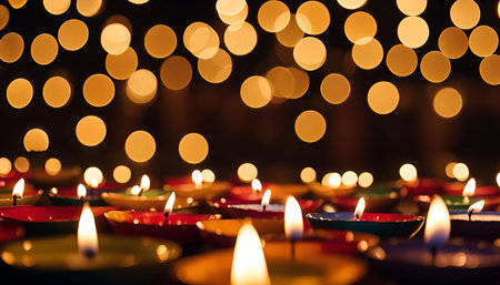 A collection of candles illuminate the darkness with their warm glow, creating a beautiful bokeh effect in the background.の写真素材