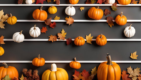 A beautiful autumn display featuring pumpkins, leaves, and other seasonal elements.の写真素材