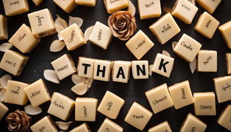 A close-up shot of wooden blocks spelling out "THANK" on a dark background, surrounded by other blocks with words written on them.の写真素材
