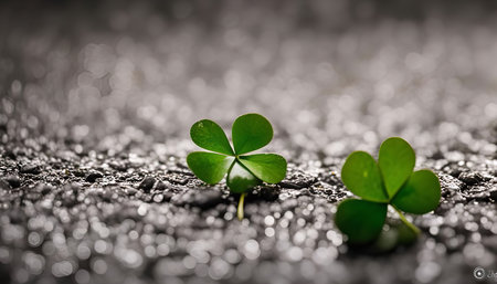 Close-up shot of two green clovers on wet asphalt. The clovers are in focus, while the background is blurred. This image captures the beauty of nature and its details.の写真素材