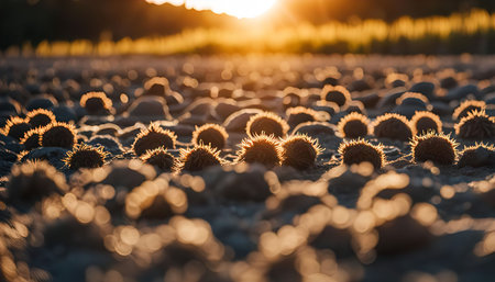 A close up of sea urchins on the beach at sunset. The golden light of the sun illuminates the spiky sea urchins, creating a beautiful and peaceful scene.の写真素材