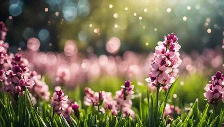 A close-up shot of delicate pink flowers blooming in a field, bathed in warm sunlight and surrounded...