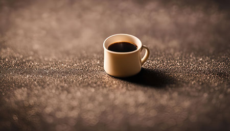 A close-up shot of a steaming cup of coffee on a dark brown background. The cup is white and the coffee is dark and rich.の写真素材