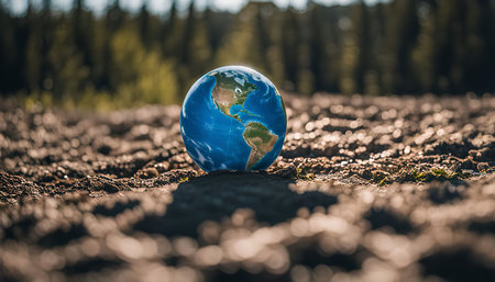 A close-up of a globe resting on the ground with a forest in the background.の写真素材