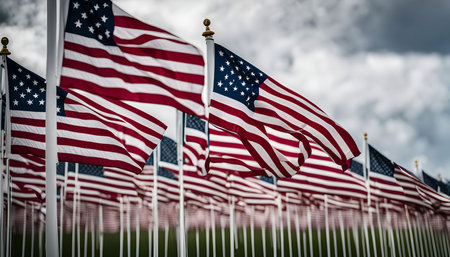A field of American flags waving in the wind. The flags are all red, white, and blue, and they are flying high in the air. The sky is cloudy and the wind is blowing the flags in a gentle breeze.の写真素材