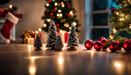 A festive Christmas scene with miniature Christmas trees and red ornaments, creating a warm and inviting holiday atmosphere.の写真素材
