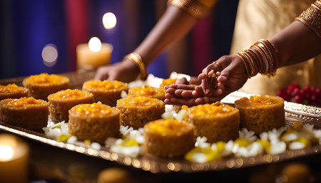 A woman in traditional Indian attire is offering sweets as part of a religious ceremony or celebration. The scene is warm and inviting, showing the beauty of Indian culture and tradition.の写真素材