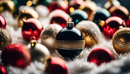 Christmas baubles of various colors and designs displayed on a white furry surface.