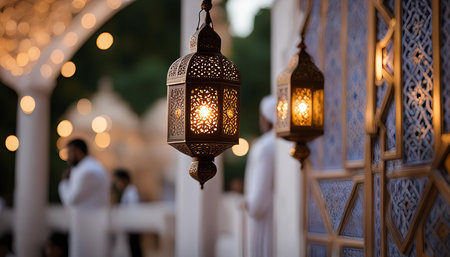 Close-up shot of a traditional lantern hanging outside, showing intricate details and a warm glow. The lantern is surrounded by a blurred background of people and architecture, creating a sense of festivity and celebration.の写真素材