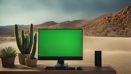 A computer monitor with a green screen sits on a wooden table in the desert, surrounded by cactus...