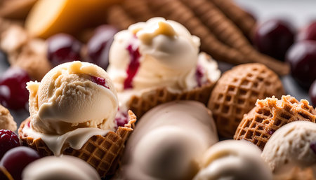 Close-up view of scoops of creamy vanilla ice cream nestled in waffle cones, adorned with fresh cherries and a tempting drizzle of sauce.の写真素材