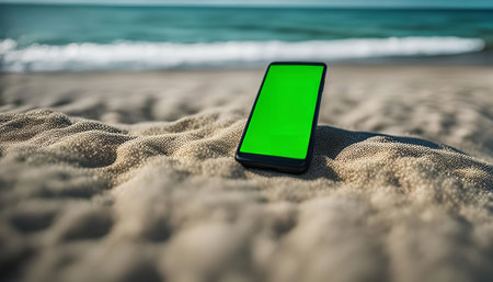 A smartphone lies on the sand of a beach, with the ocean and waves in the background.の写真素材