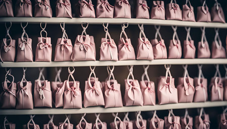 Pink favor bags hanging on shelves with ribbons and bows, perfect for a wedding or special event.の写真素材