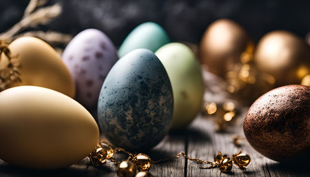 Close-up image of colorful Easter eggs arranged on a wooden surface, showing a festive and celebratory atmosphere for the holiday.の写真素材