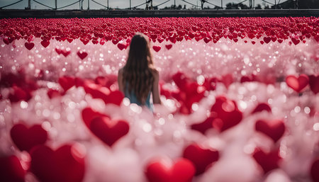A woman walks through a field of red hearts, a beautiful and romantic art installation.