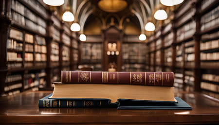 An open book lies on a wooden table, two more books stacked beneath it. The book is open to reveal pages filled with text. The backdrop is a blurred image of a grand library with rows of bookshelves filled with books, suggesting the book is part of a vast collection of knowledge.の写真素材