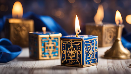 A close-up shot of blue and gold candles with a Star of David on them. They are lit and glowing against a backdrop of bokeh.の写真素材