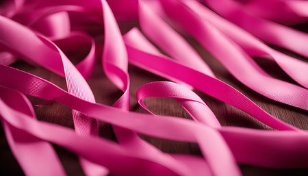 A close-up of pink satin ribbons on a wooden background, showing their smooth texture and delicate curves.の写真素材
