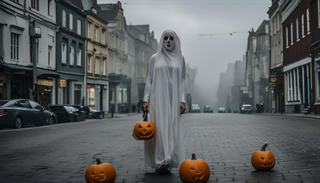 A ghost in a white sheet walks down a foggy street holding a carved pumpkin. The street is lined...