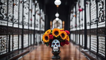 A colorful floral arrangement in a sugar skull vase, a traditional Mexican decoration for the Day of the Dead celebration.の写真素材