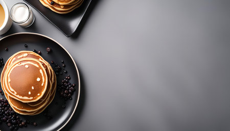 Close up of a stack of pancakes on a black plate with blueberries, top viewの写真素材