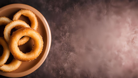 A close-up of a group of sweet, golden brown donut rings on a brown plate.の写真素材