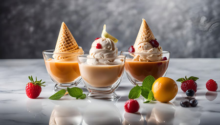 A closeup shot of a dessert consisting of three bowls of ice cream, cones, caramel, and fresh fruit. The bowls are placed on a marble surface, and there are berries, lemon, and mint leaves arranged around themの写真素材