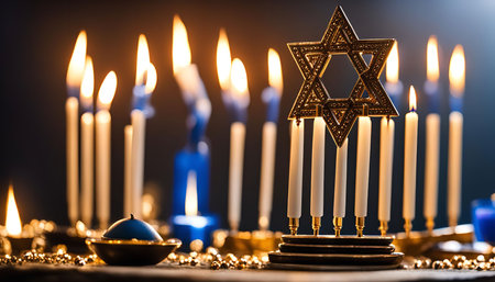 Close up of a Menorah with a Star of David and burning candles. The Menorah is a symbol of Jewish...