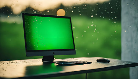 A computer with a green screen sits on a desk, with a keyboard and mouse in front. The window behind it is blurred with rain droplets.の写真素材