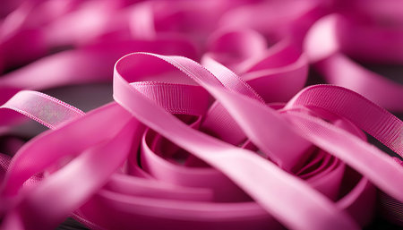 A close-up shot of pink satin ribbon, showing its smooth texture and elegant curves.の写真素材