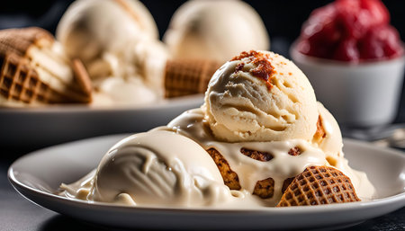 Close up of melting ice cream scoops with waffle cones on a white plate