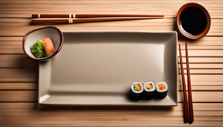 A close up overhead view of a plate of sushi with chopsticks and a bowl of soy sauce, on a wooden table.の写真素材