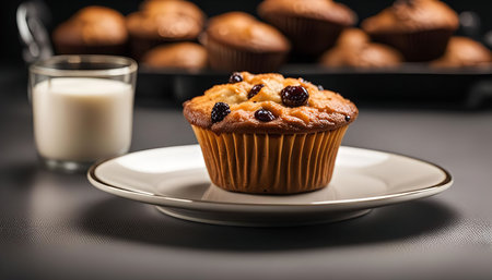 A close-up image of a freshly baked muffin on a plate with a glass of milk. The muffin is golden brown and has raisins inside.の写真素材