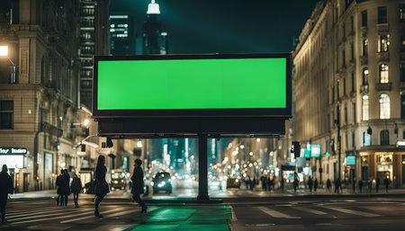 A large green screen billboard is situated on a busy city street at night. People walk past the billboard as cars drive by in the background. The city lights illuminate the scene, creating a bustling urban atmosphere.の写真素材