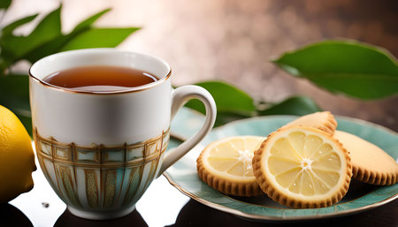 A cup of tea with lemon and cookies, perfect for a relaxing afternoon. The light and airy cookies complement the refreshing tea, creating a delicious and satisfying treat.の写真素材