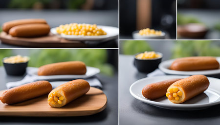 A close-up shot of a delicious corn dog, a popular snack food. The corn dog is fried and crispy, with a golden brown exterior. The interior is filled with sweet corn kernels, giving it a sweet and savory flavor.の写真素材