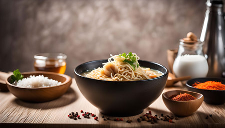 A close-up shot of a bowl of noodles with a side of rice and various spices on a wooden table. The noodles are surrounded by spices like peppercorns, chili flakes, and a bowl of rice.の写真素材