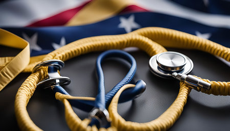 Close-up of a stethoscope with yellow and blue cord on a dark background, with a blurred American flag in the background.の写真素材