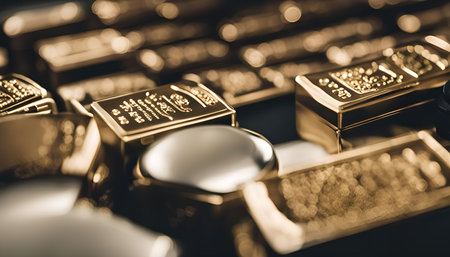 A close-up photograph of gold bars, showing the intricate details and shiny surface of the precious metal. The image captures the allure and value associated with gold, a symbol of wealth and financial security.の写真素材