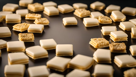A close-up view of various white chocolate squares with different toppings and fillings, arranged on a black background.の写真素材