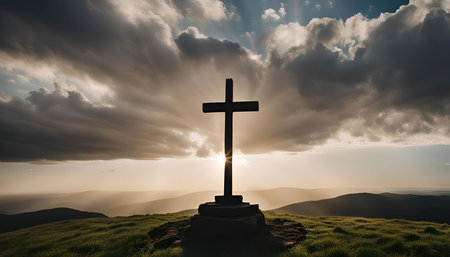 A silhouette of a cross stands tall on a mountaintop, with a dramatic sunset behind it. Clouds create a stunning backdrop, radiating light and hope.の写真素材