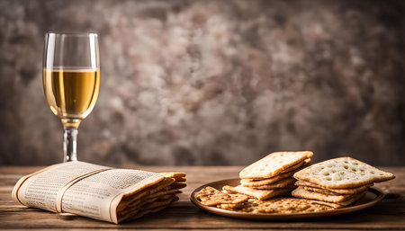 A traditional Passover Seder plate with matzah, wine, and other symbolic foods.の写真素材