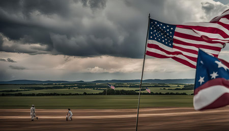 Image of three American flags waving in the wind, over a field and cloudy sky