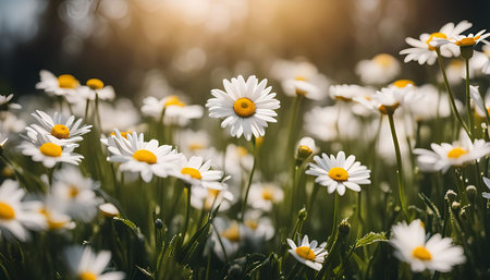 A closeup of a field of daisies bathed in warm sunlight. The white petals and yellow centers of the daisies contrast with the green grass and create a beautiful, vibrant image.の写真素材