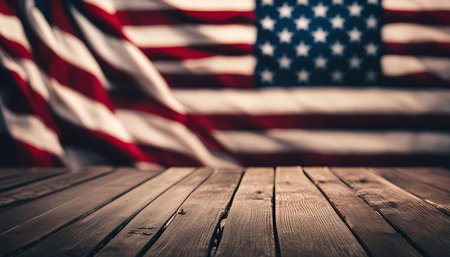 Wooden table top in focus with the American flag in the blurry background.の写真素材