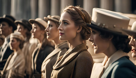 A group of women in a vintage setting, dressed in elegant retro outfits, showcasing a timeless...