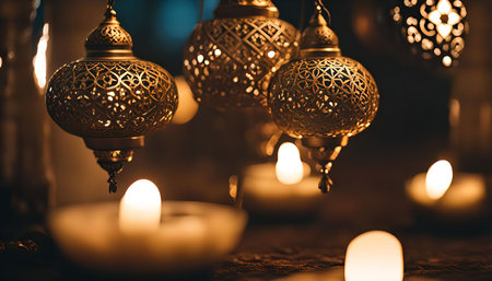 Close-up of ornate golden lanterns with warm candlelight illuminating the intricately patterns.の写真素材