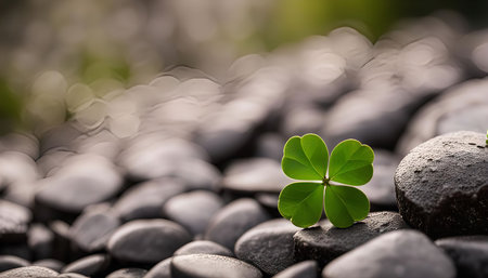 A close-up photo of a four-leaf clover growing out of a pile of smooth, dark gray rocks. The green...