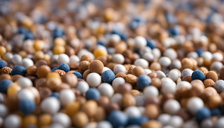 A close-up of a field of colorful, round balls with a variety of textures. The depth of field makes the balls in the background out of focus, creating an abstract composition.の写真素材